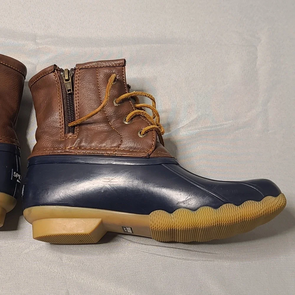 Sperry Saltwater Duck Boots Girls US 4 Navy Brown Waterproof Lace‎ Up Winter